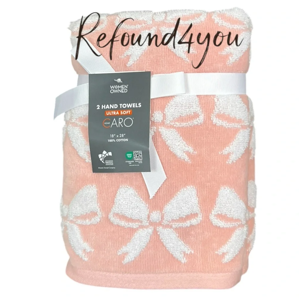 Caro - ‘Peach Bows’ Hand Towels (2)- Ultra Soft. NWT. Firm!